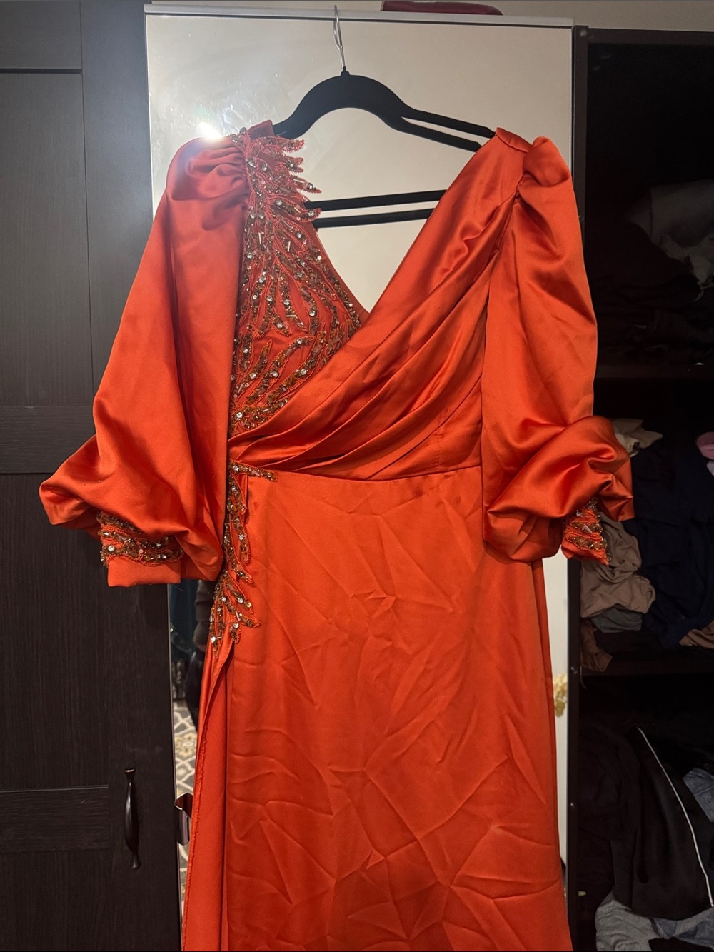 Elegant Red Satin Evening Dress with Beaded Detail